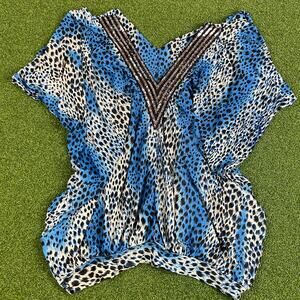 Vintage Blue Animal Smudge Sequined V Neck Kaftan Top Sz XL